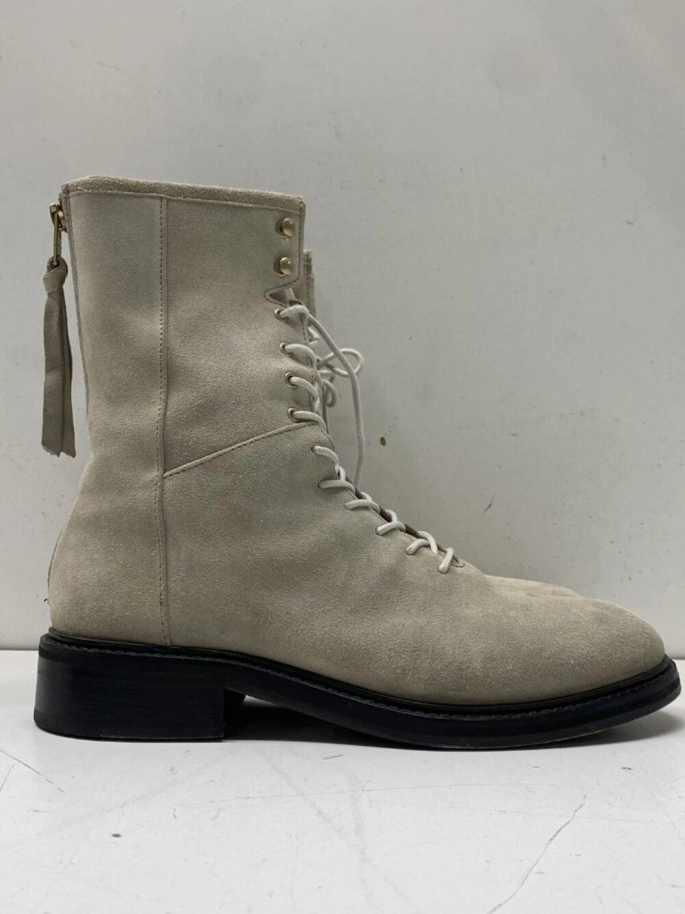 AllSaints Suede Lace-Up Rear Zip Combat Boots in Stone Size 39 (EU)